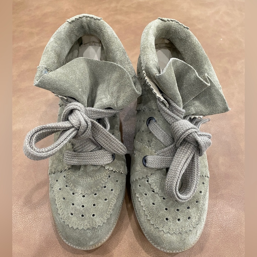Isabel Marant wedge-heel lace-up sneakers. Sage green.
